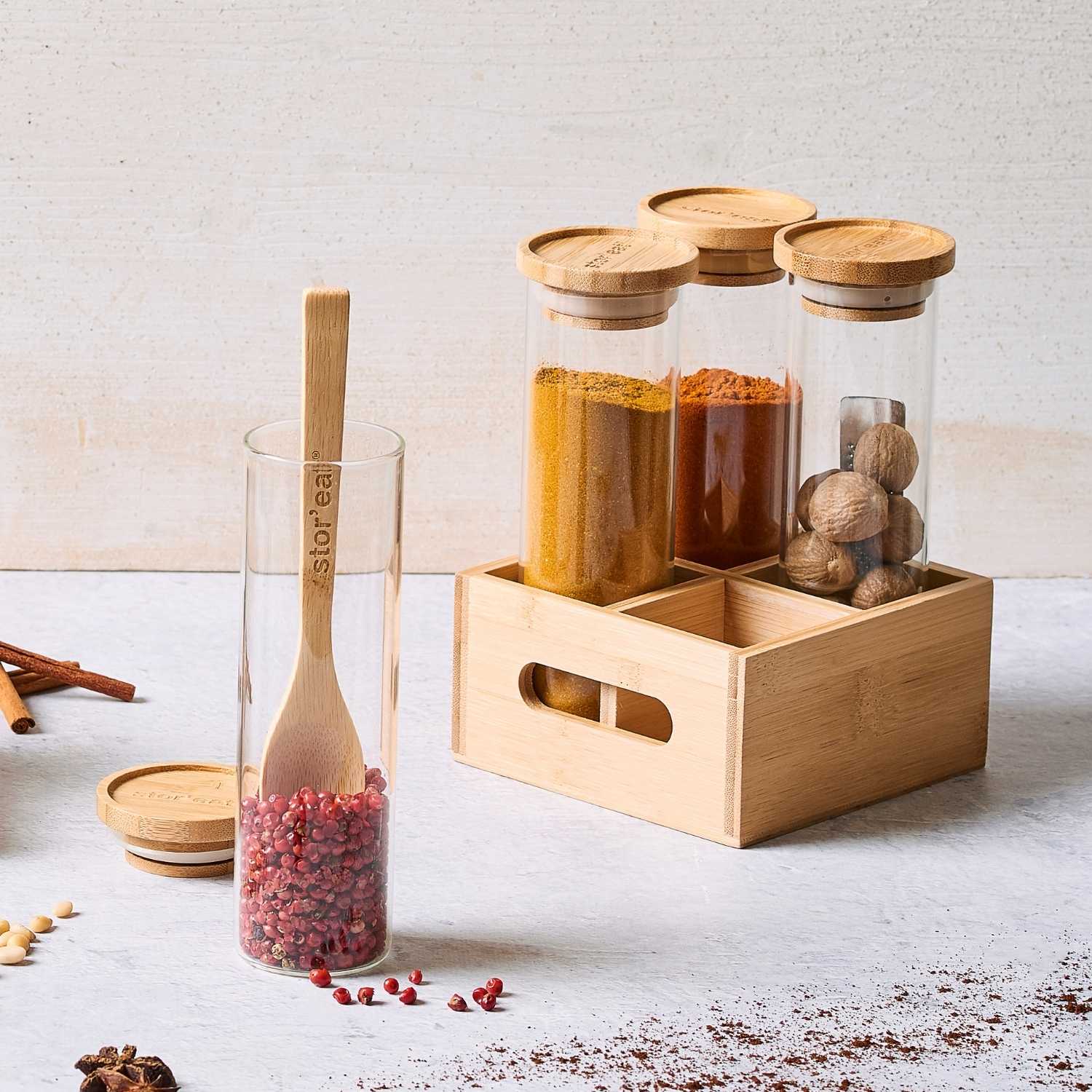 Set de 4 bocaux à épices avec un couvercle en bambou et cuillère - Stor'eat - Image 5